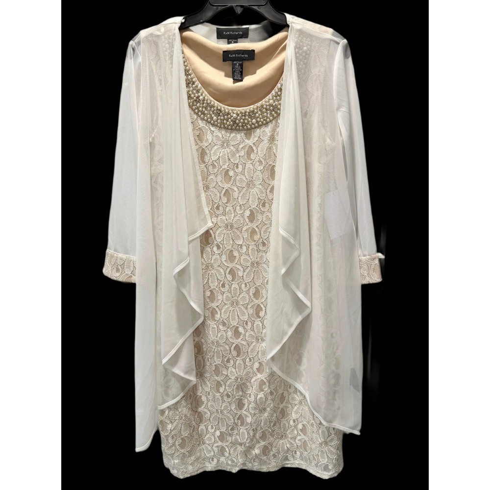 R&M Richards Ivory Taupe Lace Pearl Sleeveless Dress & Jacket Sz 8 Classy